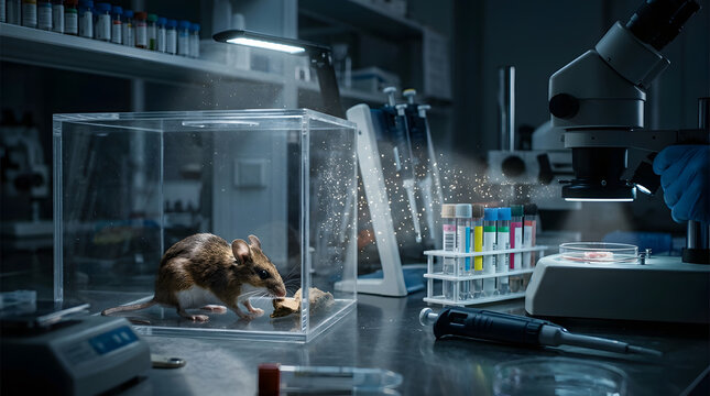 Mouse in laboratory cage with test tubes and microscope, science research concept