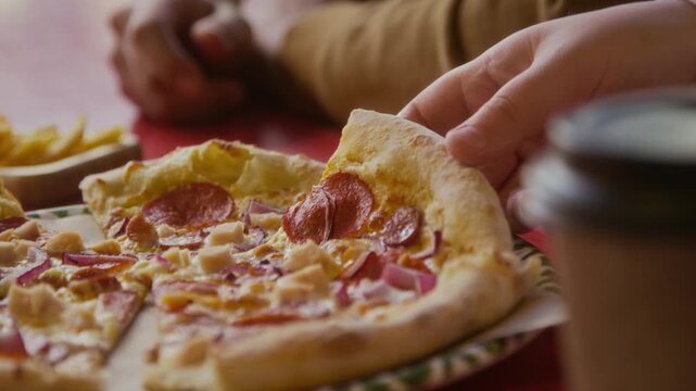 Close up shot of unrecognizable woman lifting pepperoni pizza before taking bite in modern fast food cafe
