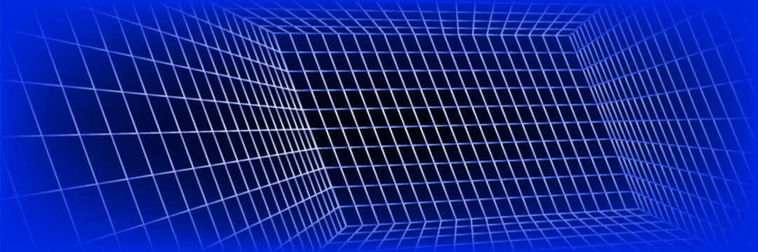 Glowing neon wireframe horizon background. Blue grid room floor in perspective. Bright retro futuristic wallpaper. Abstract checkered plane landscape. Game cyber surface. Vector backdrop