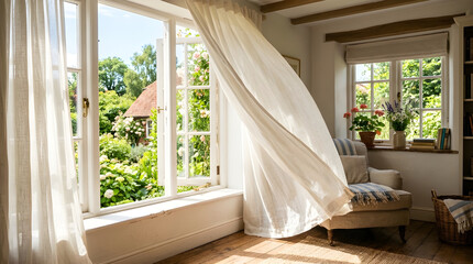 Open window with white flowing curtains and sunlight on a summer morning © Abdus