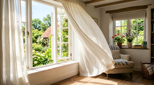 Open window with white flowing curtains and sunlight on a summer morning