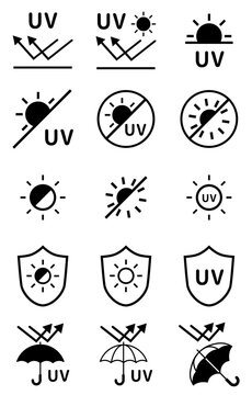 機能性テキスタイルや衣類のUVカット・紫外線対策を示すアイコンセット / Icon set indicating UV protection and ultraviolet ray measures for functional textiles and clothing