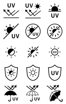 機能性テキスタイルや衣類のUVカット・紫外線対策を示すアイコンセット / Icon set indicating UV protection and ultraviolet ray measures for functional textiles and clothing