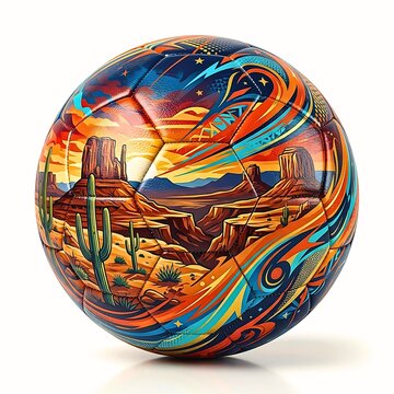 Artistic Soccer Ball with Desert Landscape, Orange Sunset Cactus and Canyon Southwestern Design