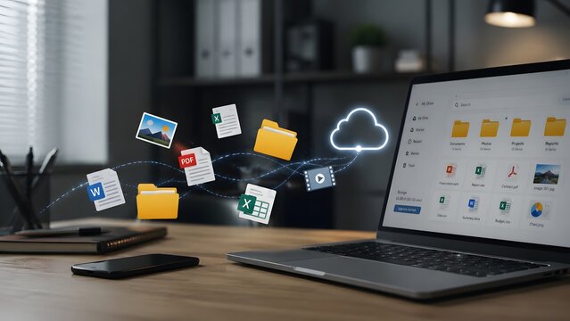 Digital document management and cloud storage concept. 3D file icons flying into a laptop screen syncing with online cloud drive application for secure business data backup.