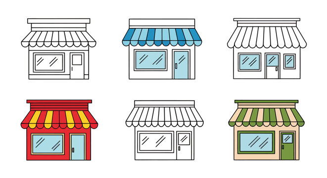 Colorful row of small shop storefronts with varied awnings and windows.
