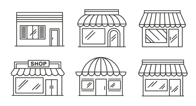 Collection of small storefronts with striped awnings and glass windows.