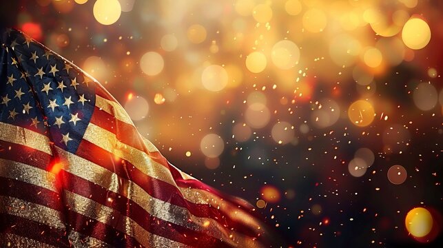 Celebrating independence  the american flag waves as fireworks illuminate the night sky