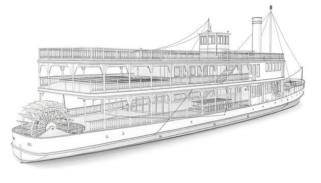 An intricate architectural drawing of a classic steam powered riverboat, showcasing fine lineart style design elements of a traditional paddle wheel vessel against a clean isolated backdrop.