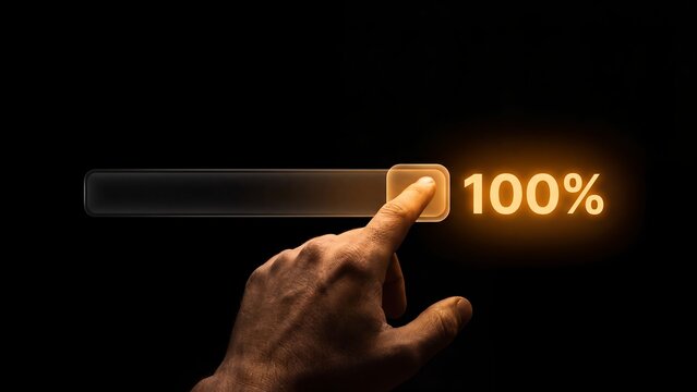 A hand completes a luminous digital progress bar, reaching 100 percent, symbolizing ultimate success, accomplishment, and goal fulfillment in a sleek technological interface