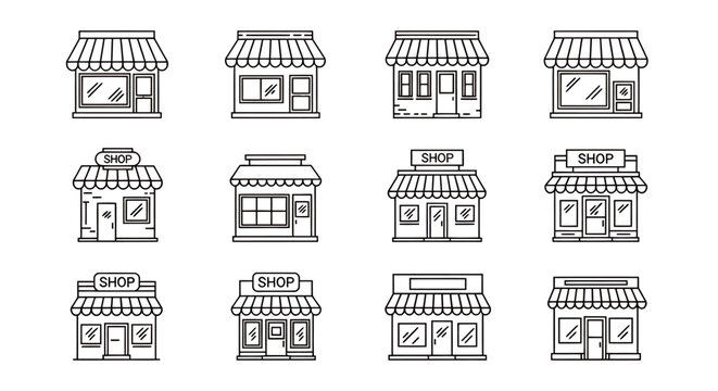 Collection of illustrated storefront icons featuring small shops and awnings in a city street scene.