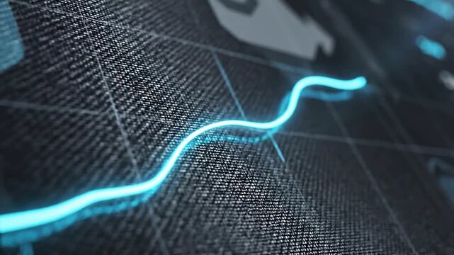 Dynamic glowing blue line graph visualizing business growth and technological advancement on a dark digital background, representing data analysis and future trends
