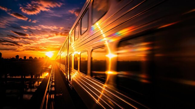 Kinetic energy defines the cinematic motion of a high speed train traveling along the urban skyline at sunset in this widescreen shot captured on May 1 2026, creating a blurred travel atmosphere.