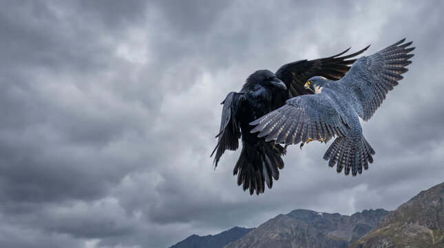 Peregrine falcon vs raven in sky battle, aerial predator confrontation, copy space left side