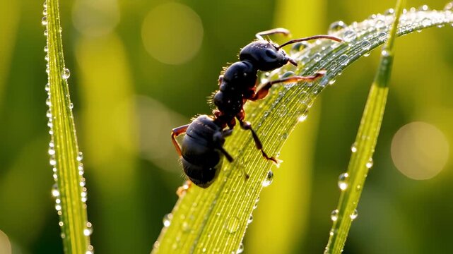 Macro shot of an ant on a blade of grass with morning dew.
