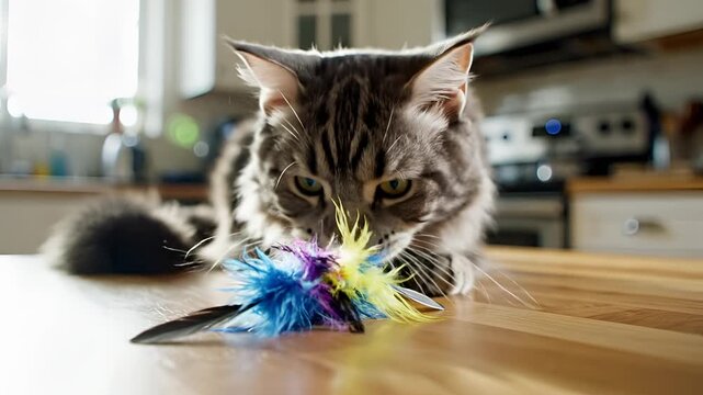 Maine Coon Cat Playing with Feather Toy on Kitchen Counter.