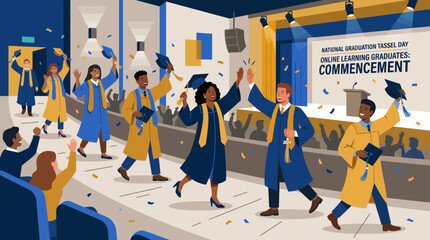 Obraz premium Diverse Students Celebrating Online Learning Graduation Ceremony