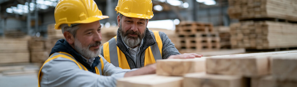 Wood Industry Collaboration: Focused workers in safety helmets examine timber in a spacious warehouse, highlighting collaboration, attention to detail.
