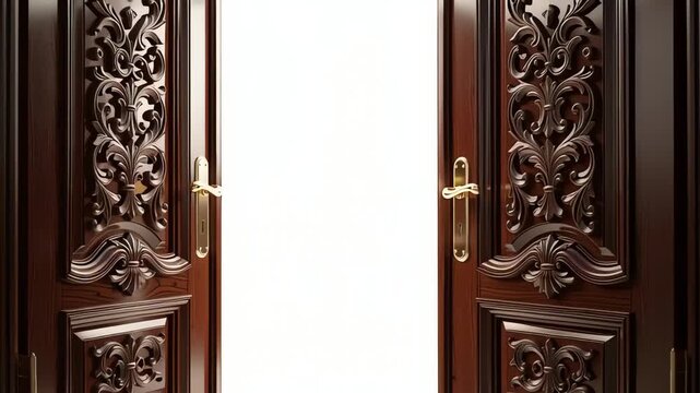 Ornate Wooden Doors Opening To Bright White Space.