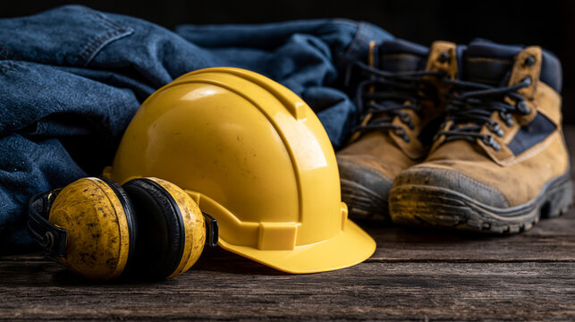 Safety Gear Essentials: A meticulously arranged assortment of construction safety equipment, representing the foundation of a safe work environment.