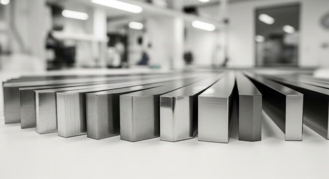 Metal bars arranged in parallel rows in industrial setting with reflective surface