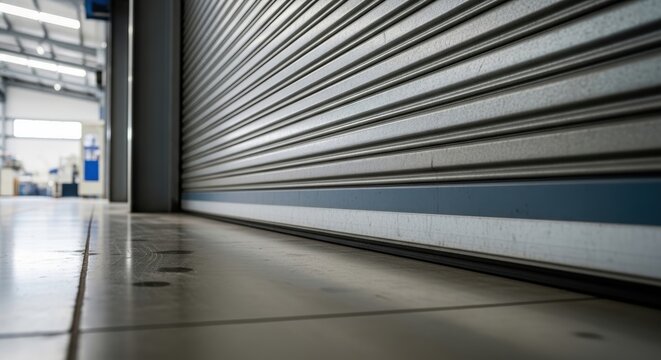Roller shutter door closing in warehouse interior with reflective floor surface