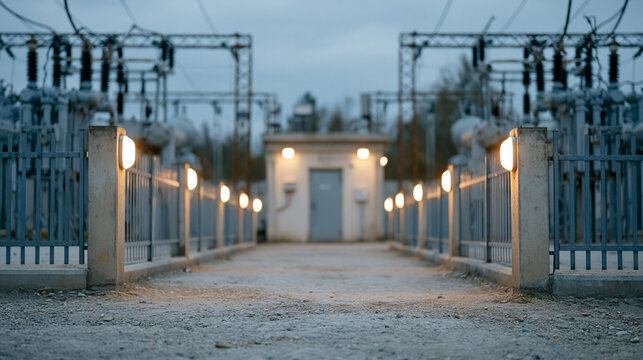 Electric Power Station Scene: A symmetrical view of an electric power station at dusk, with evenly spaced lights illuminating the path towards a small building.