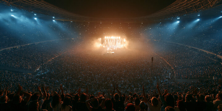 Live Concert Arena with Thrilled Crowd of Music Lovers as Spectacular Lights Illuminate the Stage - Vibrant Festival Atmosphere