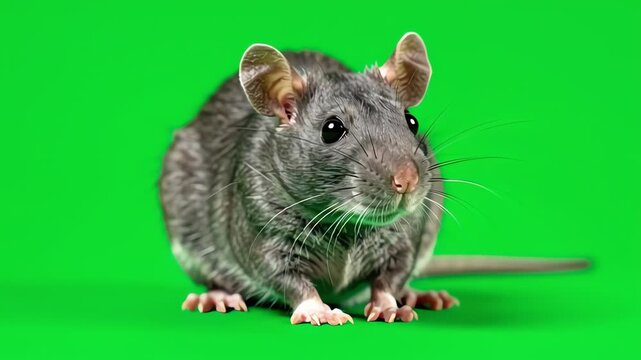 Closeup of a Gray Rat on Green Background.