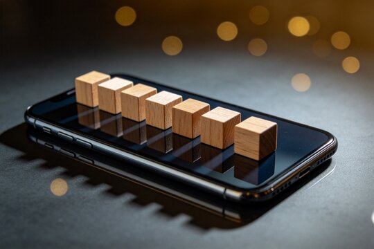Wooden blocks on smartphone screen