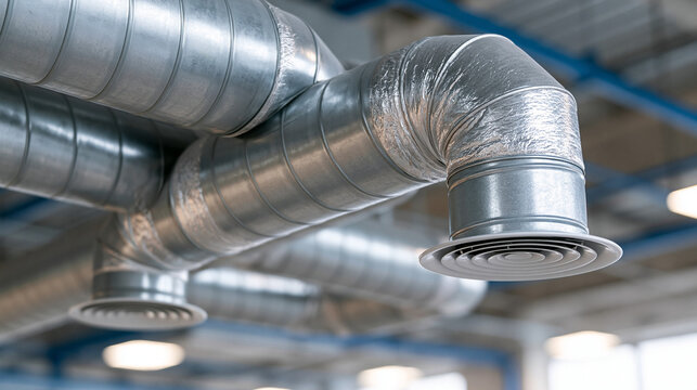 Air Duct Network: A network of metallic air ducts, intricately woven across a ceiling, demonstrating the infrastructure of an industrial ventilation system.
