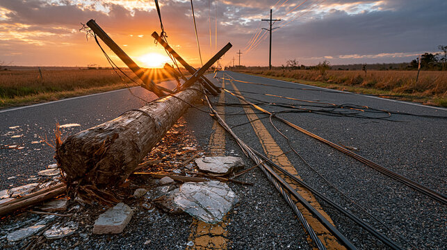 Fallen Power Lines: A dramatic scene unfolds as a broken utility pole lies across a rural road, its wires tangled amidst the aftermath of a storm or accident, captured during a beautiful sunset.