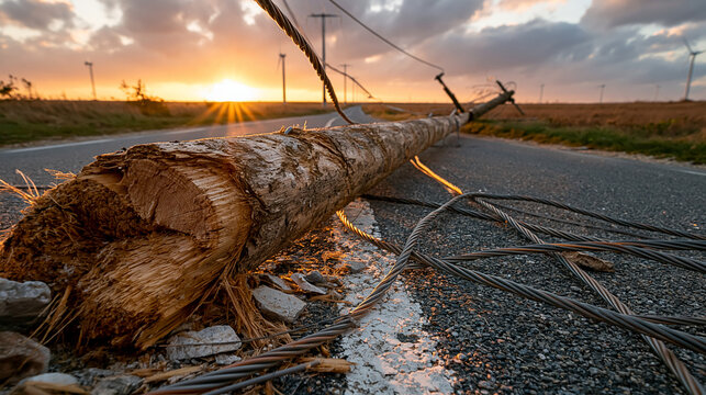 Fallen Tree on Road: A felled tree lies across an asphalt road under a dramatic sunset, symbolizing the disruption and obstacles