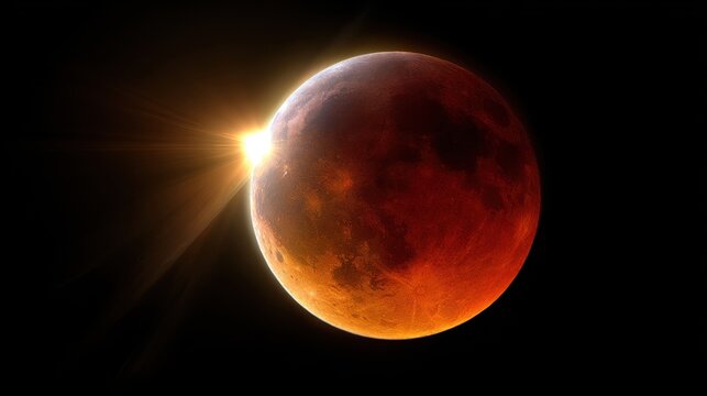 A detail-red moon glows during a total lunar eclipse with a bright solar flare bursting from behind its edge against the blackness of space