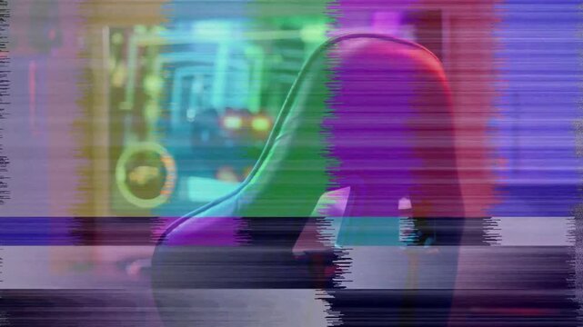 Signal spike causing glitch sweeping high-back gaming chair, shifting color split, revealing HUD