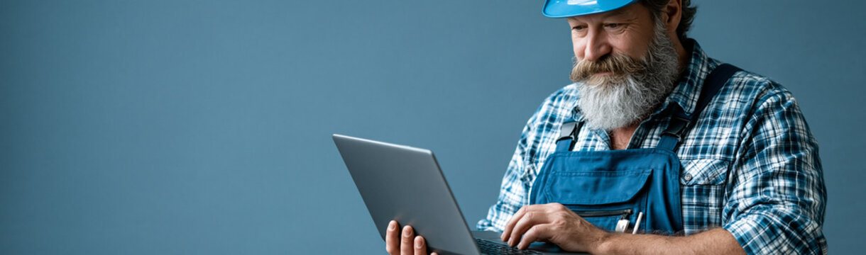 Modern Constructor at Work: A seasoned construction worker, donning a helmet, meticulously works on his laptop.