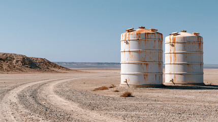 Obraz premium Desert Water Tanks: Two weathered water tanks stand resilient in the heart of an arid desert landscape, a testament to human endeavor amidst nature's stark beauty.