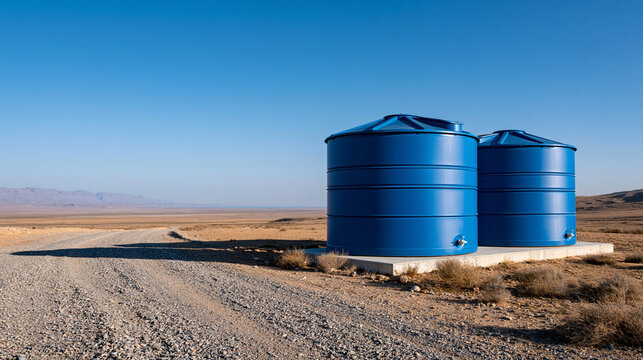 Water Tank Resilience: Two robust blue water tanks stand resiliently against the backdrop of an arid landscape, symbolizing sustainability and resourcefulness in a challenging environment. 