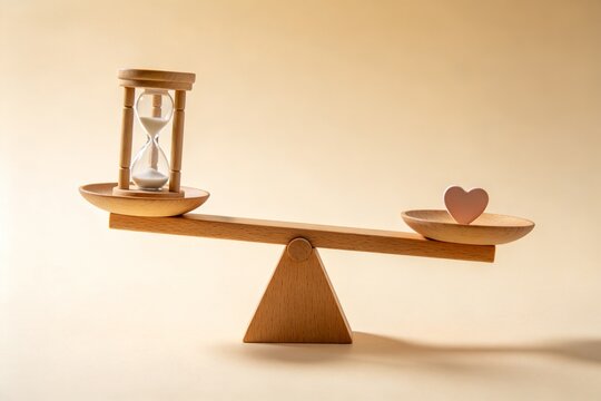 Balance scale with hourglass and heart