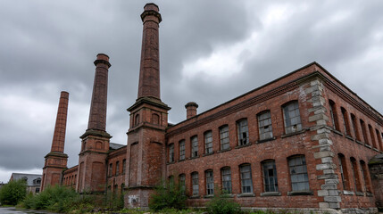 Fototapeta premium Industrial Relic Under Cloudy Sky: A decaying brick factory, featuring tall chimneys and broken windows, stands as a testament to bygone industrial times beneath an overcast sky. 