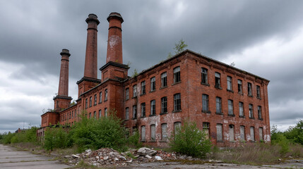 Fototapeta premium Old Brick Mill: A weathered brick mill, a relic of industry, stands under a cloudy sky, showcasing architectural history and the passage of time.