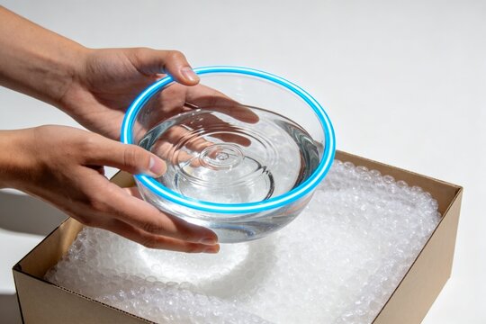 Hands holding glass bowl with blue neon rim