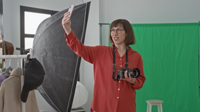 Woman holding camera and smartphone, taking a selfie in a studio with green screen, softbox and clothing rack; creative joy.