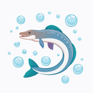 Cartoon Pike Fish Swimming with Bubbles