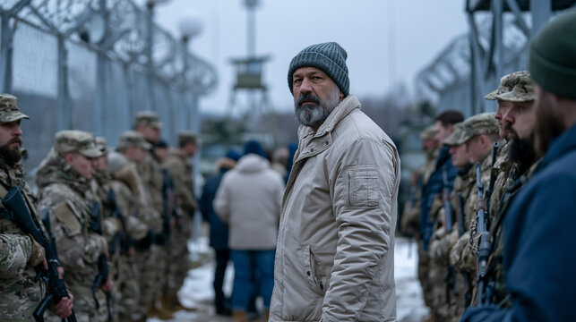 Solemn Sentinel: A man gazes with serious demeanor, amidst a group of soldiers, standing guard by a fortified boundary, under a stern sky. 