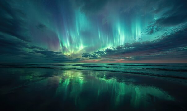 Northern lights glow over calm beach water under starry sky