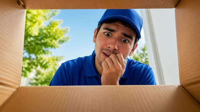 A worried delivery driver in blue uniform looking inside a cardboard package with a startled expression. The POV shot captures his reaction as he checks the contents of the shipment outdoors.