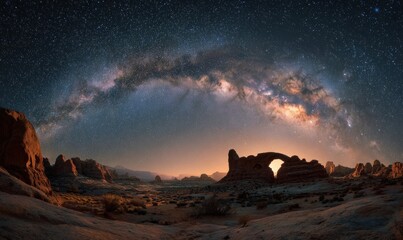 Obraz premium Night sky filled with stars and Milky Way above desert landscape