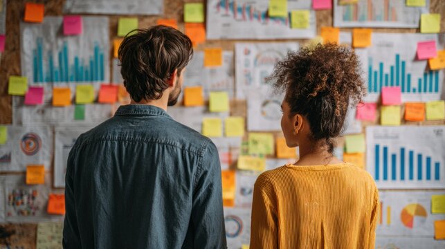 Two professionals analyzing data and charts on a wall filled with colorful sticky notes in a modern office setting