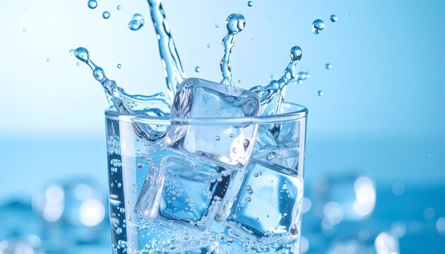Close-up of clear drinking glass filled with cold water and ice cubes showing dynamic liquid splashes